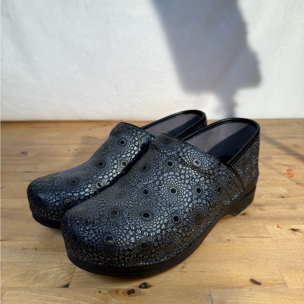 Dansko Black and Silver Patterned Mules